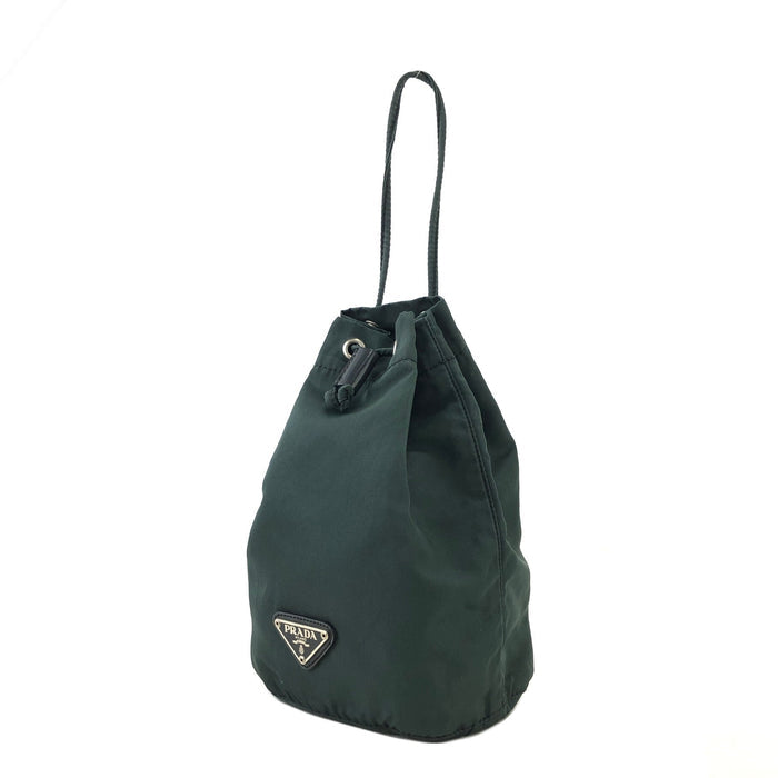 PRADA Triangle logo Nylon Drawstring Small Handbag Pouch Olive Green Vintage Old ytmp84