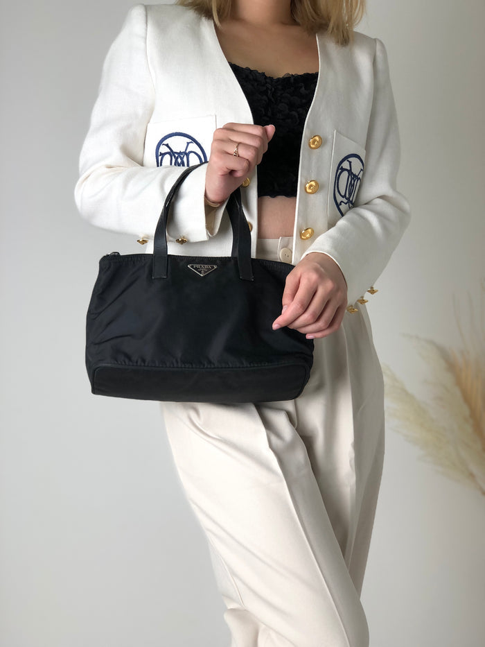 PRADA Triangle Logo Nylon Handbag Black Vintage hdamrs