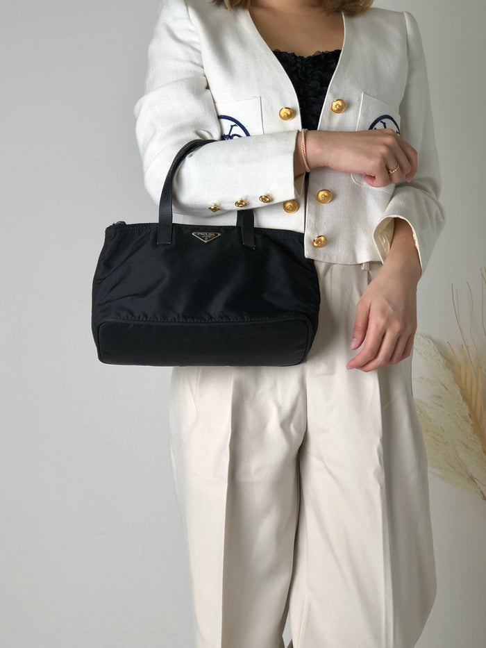 PRADA Triangle Logo Nylon Handbag Black Vintage hdamrs