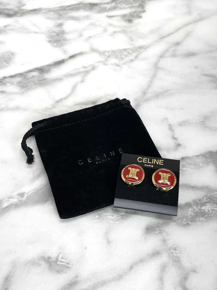 CELINE Triomphe Earrings Gold Red Round Vintage Old Celine c8385n
