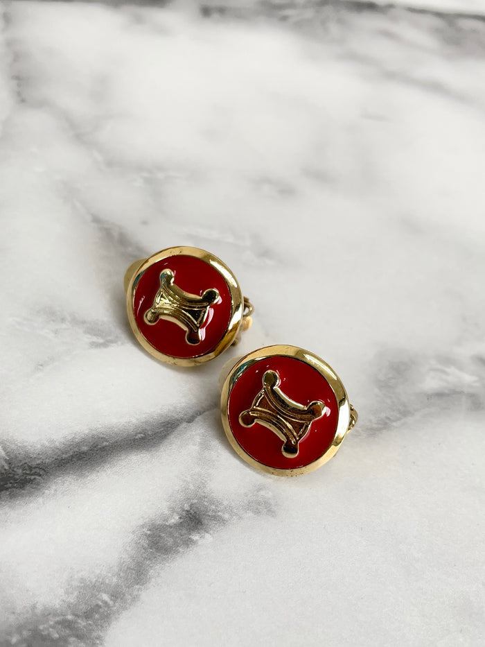 CELINE Triomphe Earrings Gold Red Round Vintage Old Celine c8385n