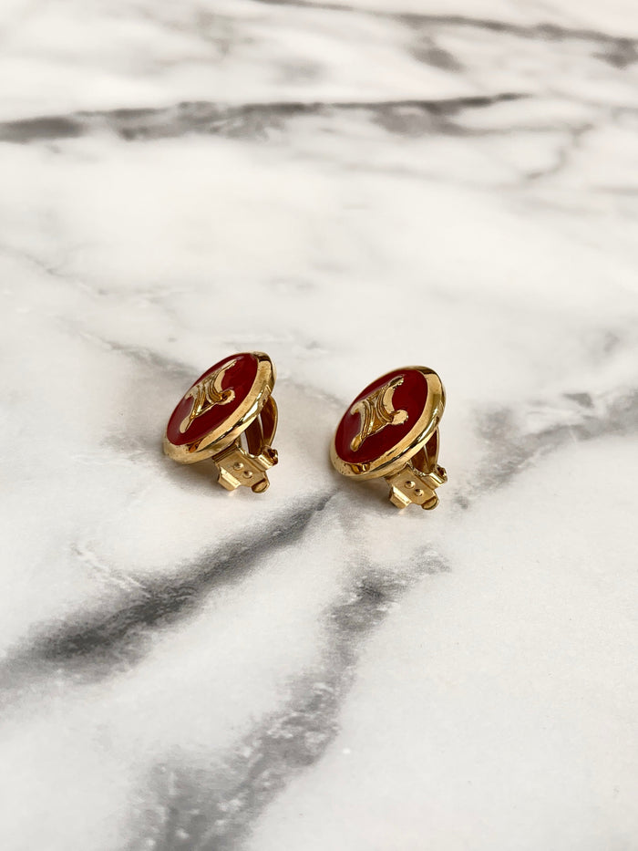 CELINE Triomphe Earrings Gold Red Round Vintage Old Celine c8385n