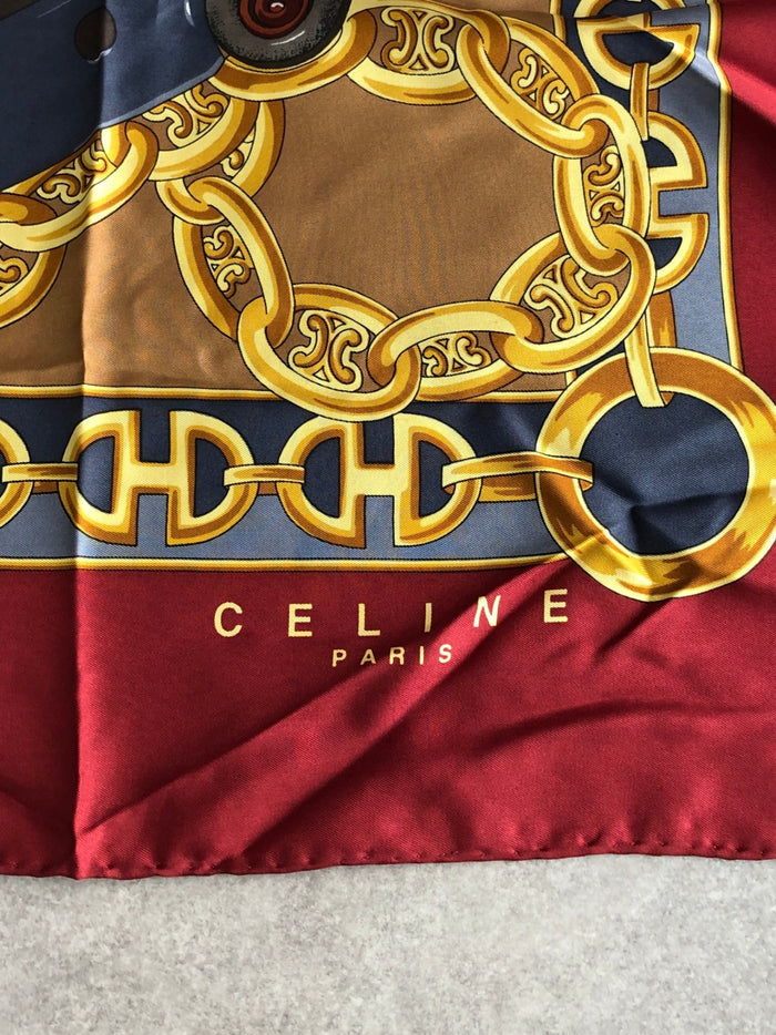 CELINE Triomphe Horse Bit Silk  Scarf Red Vintage 2dp2ru