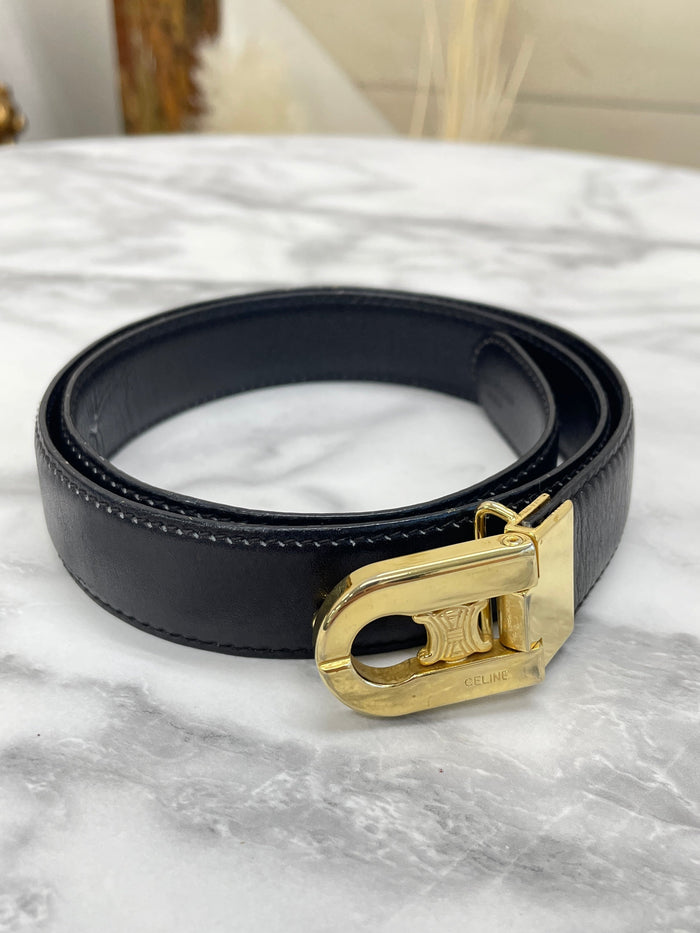 CELINE Triomphe leather Belt Black Vintage Old Celine vu3cmr