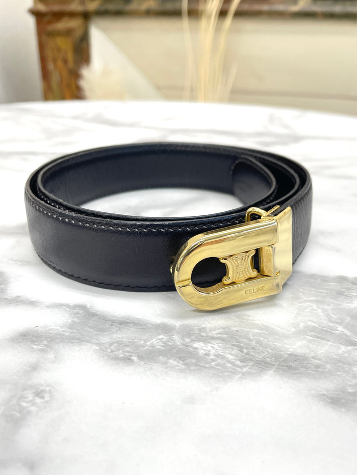 CELINE Triomphe leather Belt Black Vintage Old Celine vu3cmr
