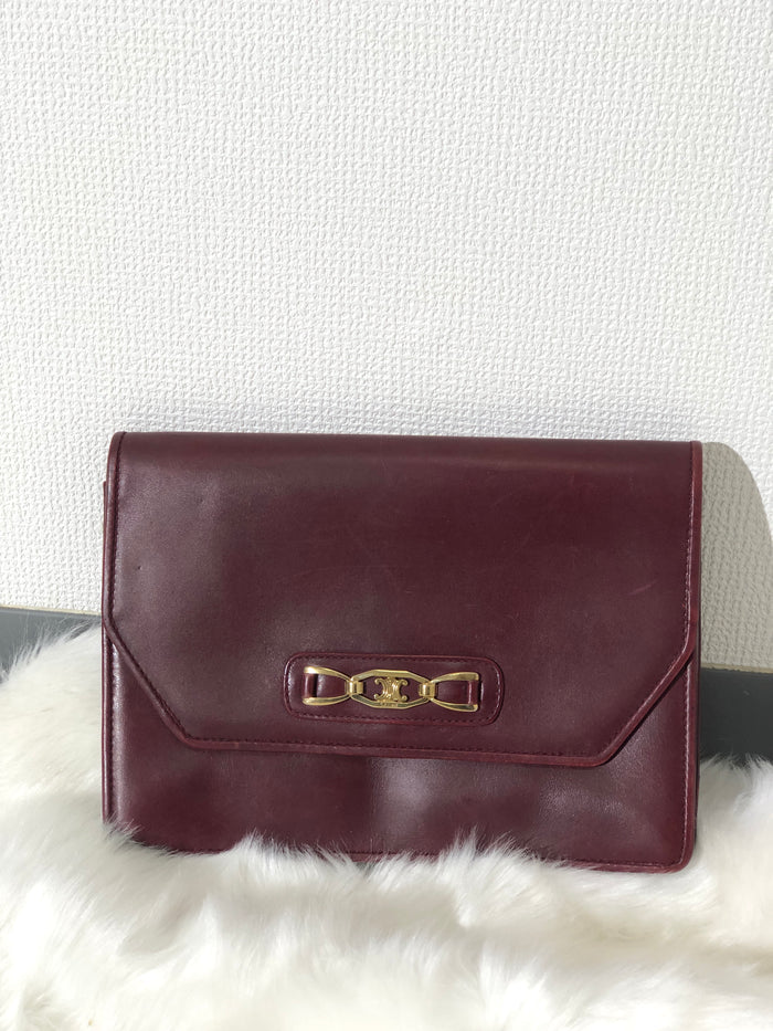 CELINE Triomphe Leather Clutch bag Wine Red Vintage 7eheyp