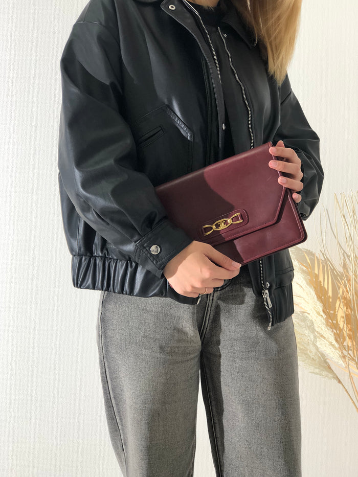 CELINE Triomphe Leather Clutch bag Wine Red Vintage 7eheyp