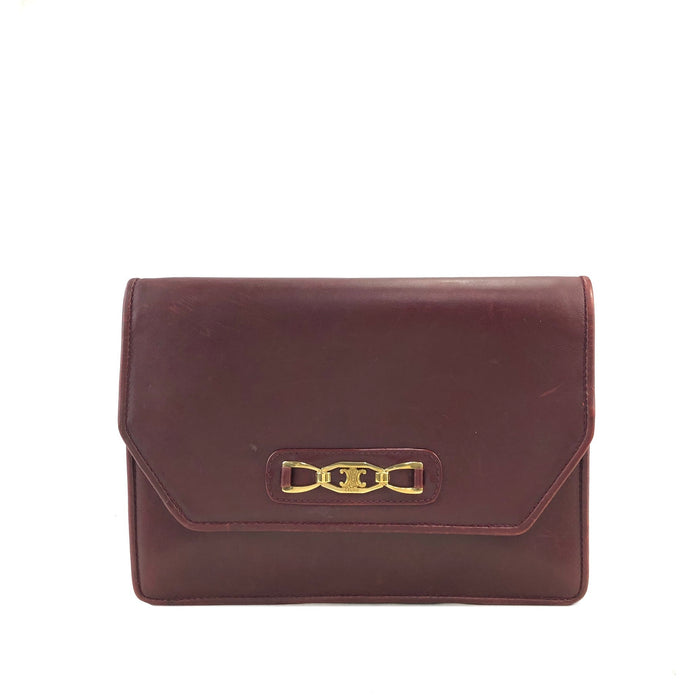 CELINE Triomphe Leather Clutch bag Wine Red Vintage 7eheyp