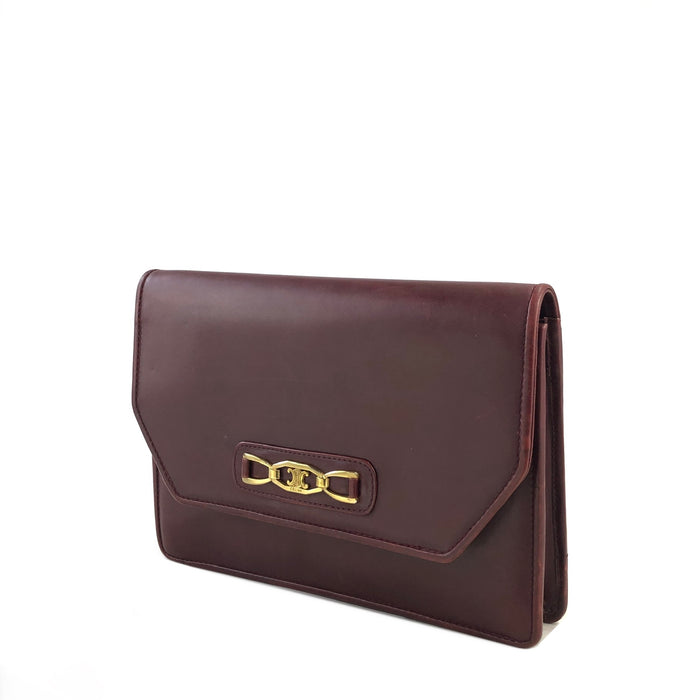 CELINE Triomphe Leather Clutch bag Wine Red Vintage 7eheyp