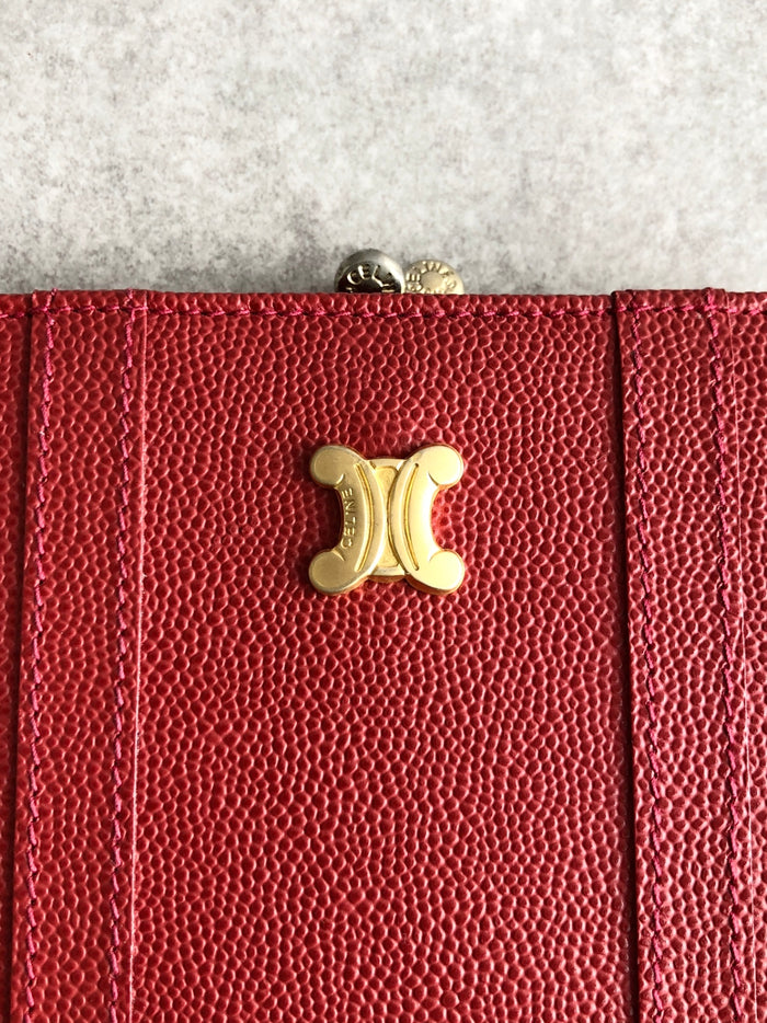 CELINE Triomphe Metal Clasp Folded Wallet Red Vintage ab46v7