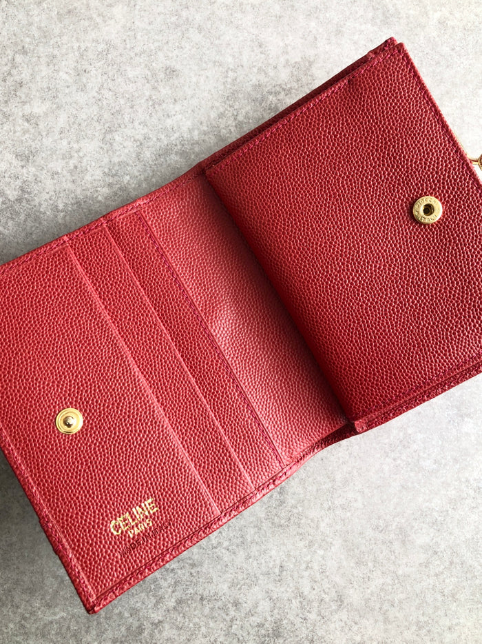 CELINE Triomphe Metal Clasp Folded Wallet Red Vintage ab46v7