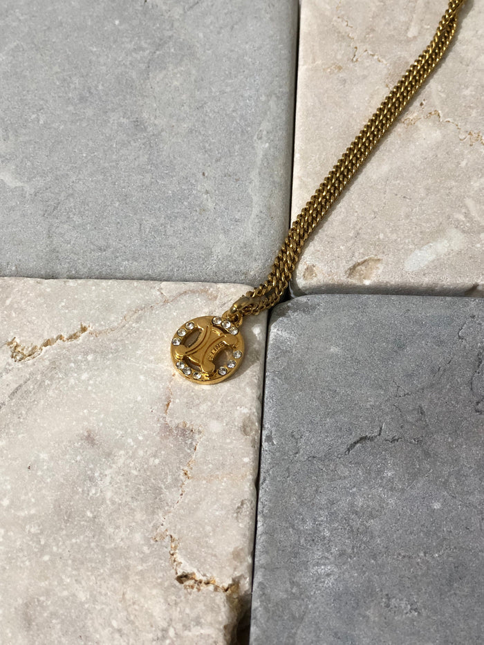 CELINE Triomphe Rhinestone Circle Necklace Gold Accessory Vintage Old Celine hjmkff