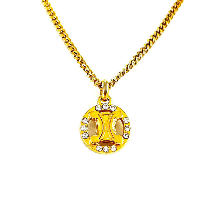 CELINE Triomphe Rhinestone Circle Necklace Gold Accessory Vintage Old Celine hjmkff