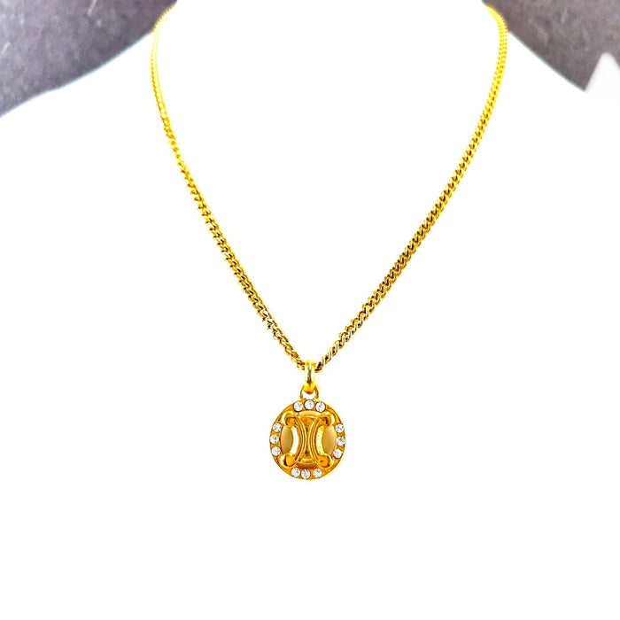 CELINE Triomphe Rhinestone Circle Necklace Gold Accessory Vintage Old Celine hjmkff