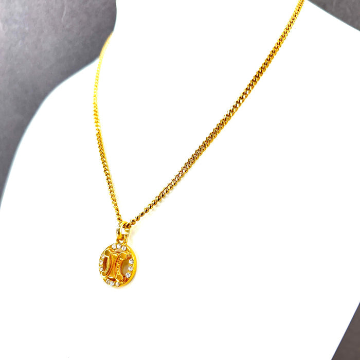 CELINE Triomphe Rhinestone Circle Necklace Gold Accessory Vintage Old Celine hjmkff
