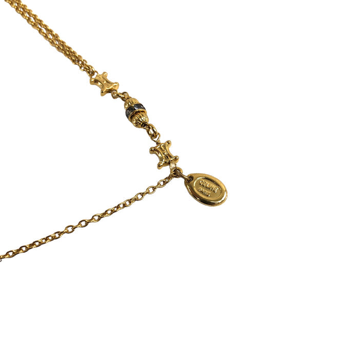 CELINE Triomphe Rhinestone Long Necklace Gold Vintage 52nahx
