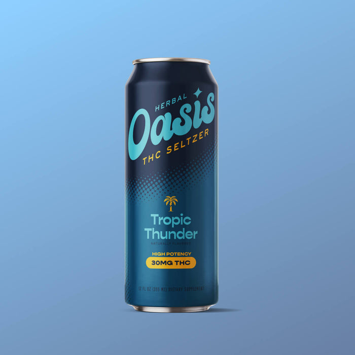 cbdMD Oasis Tropic Thunder THC Seltzer can with 30mg potency on a blue background