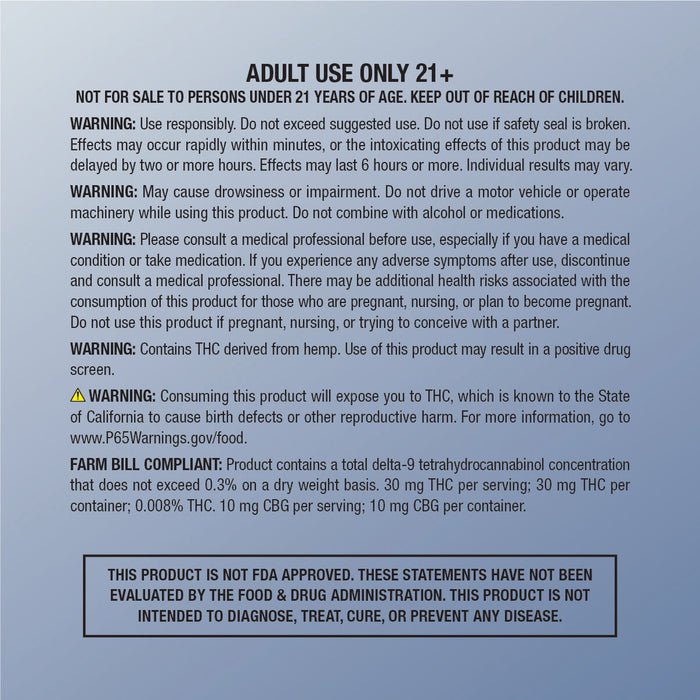 Warning and safety labels for cbdMD Tropic Thunder 30mg Seltzer.