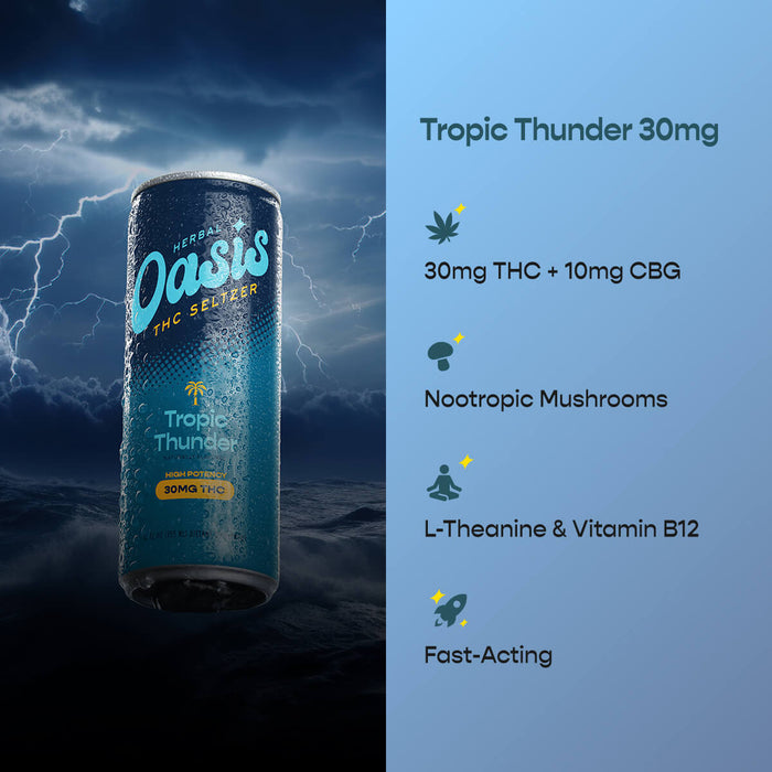 cbdMD Tropic Thunder 30mg THC Seltzer can against a stormy sky with product benefits.