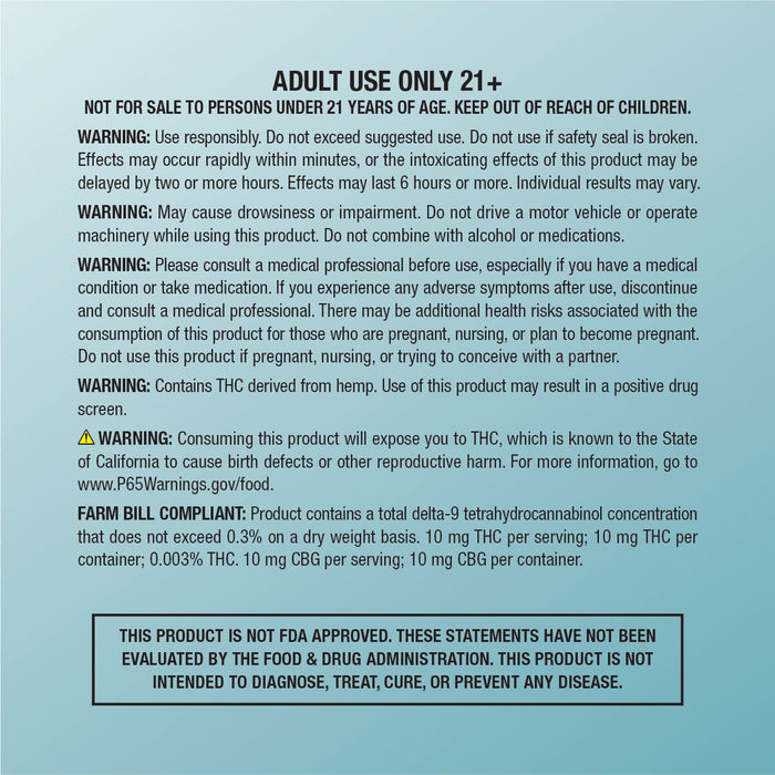 Warning and compliance label for cbdMD Tropic Wave 10mg Seltzer showing safety guidelines.