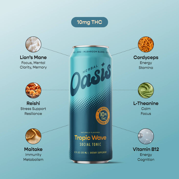 cbdMD Tropic Wave Social Tonic can with nootropics and 10mg THC ingredients infographic.