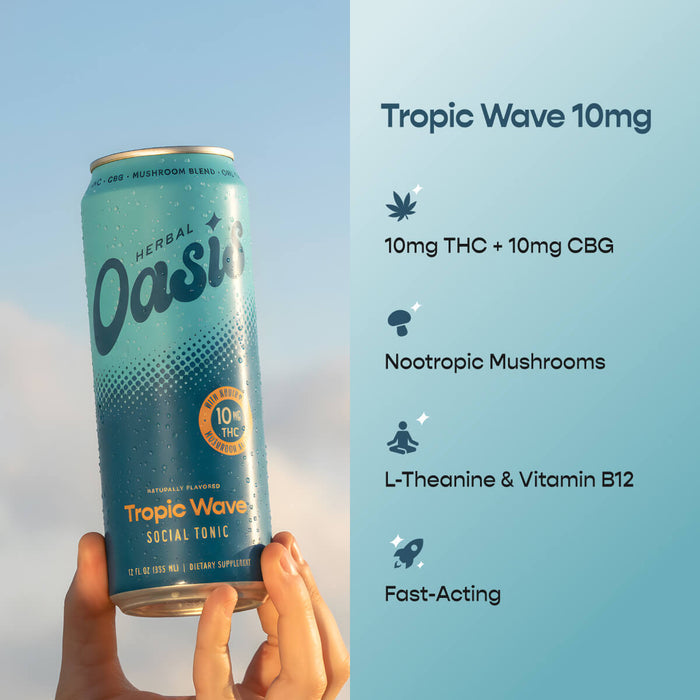 cbdMD Tropic Wave 10mg Social Tonic can with THC, CBG, and nootropic mushrooms ingredients.