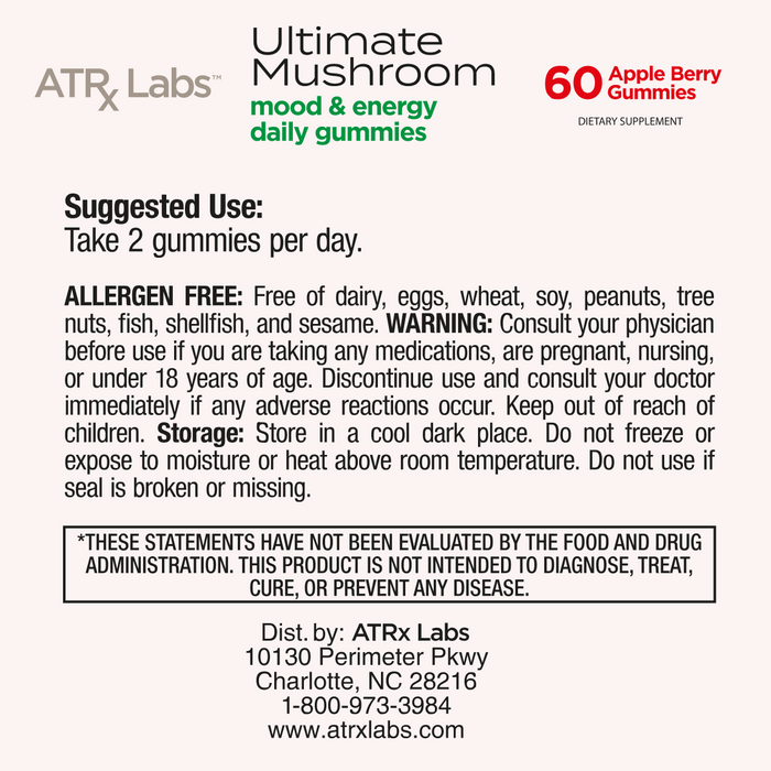 Back of ATRx Labs mushroom gummy supplement packaging with usage instructions and product details.