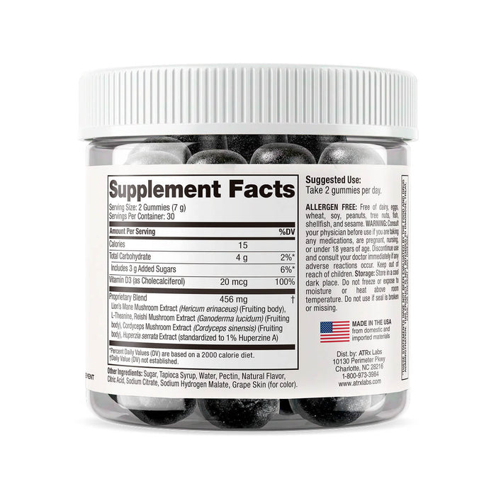 Back of mushroom mood and energy gummies jar showing supplement facts and ingredients