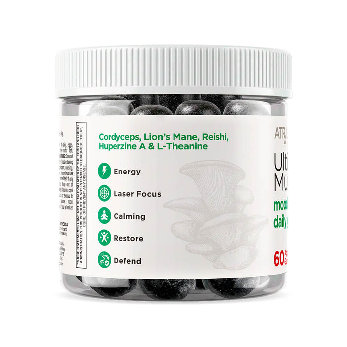 Back side of mushroom gummies jar showing supplement facts, benefits, and ingredients like reishi, lion’s mane, cordyceps.