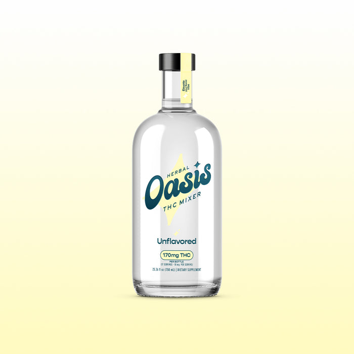 Bottle of Herbal Oasis THC Mixer on a light yellow background.; Flavor: Unflavored;