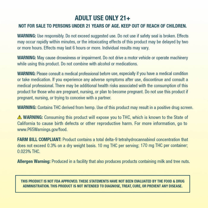 Drug warning label with text about adult use only, THC content, and compliance information.; Flavor: Unflavored;
