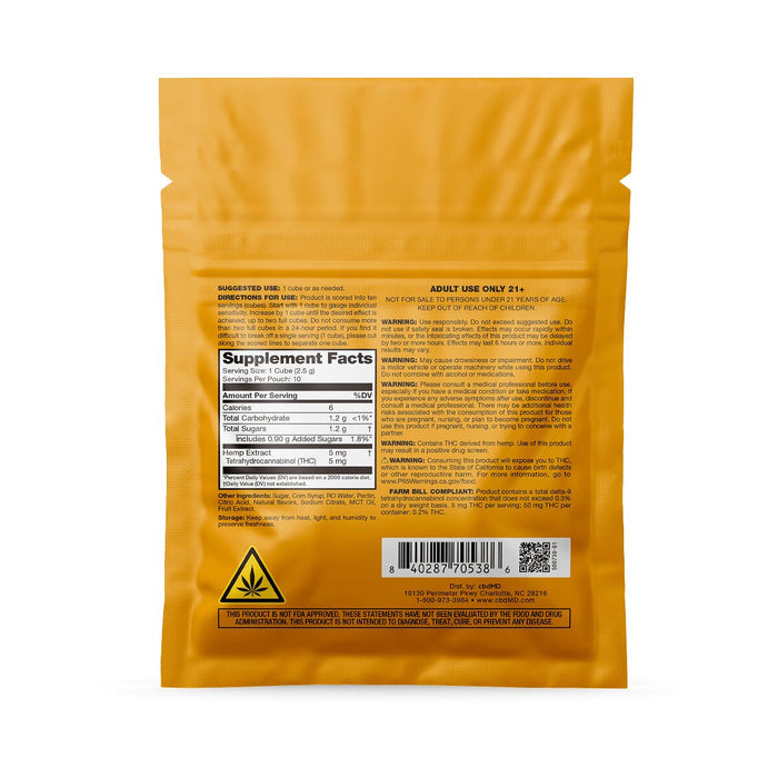 Back of Mango Vibe gummy bar pouch showing supplement facts, ingredients, and warnings