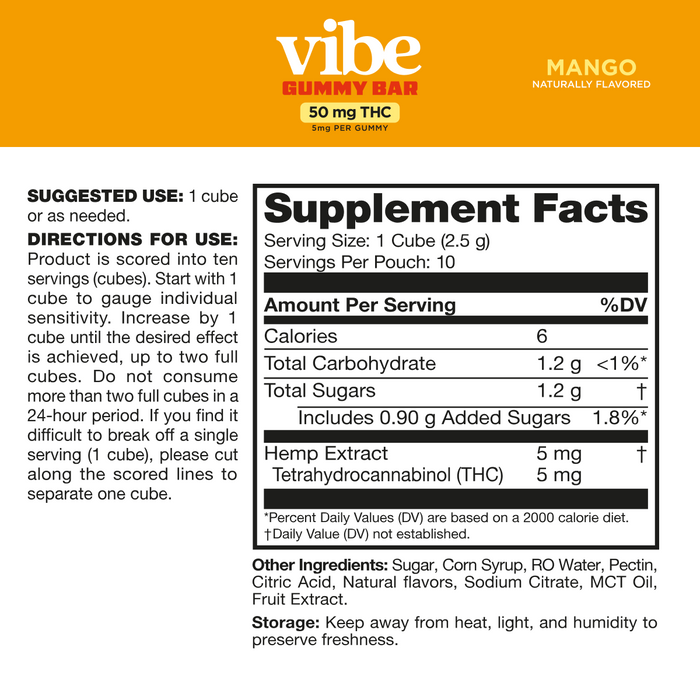Supplement facts and warning label for gummy bar with hemp extract and THC ingredients listed.