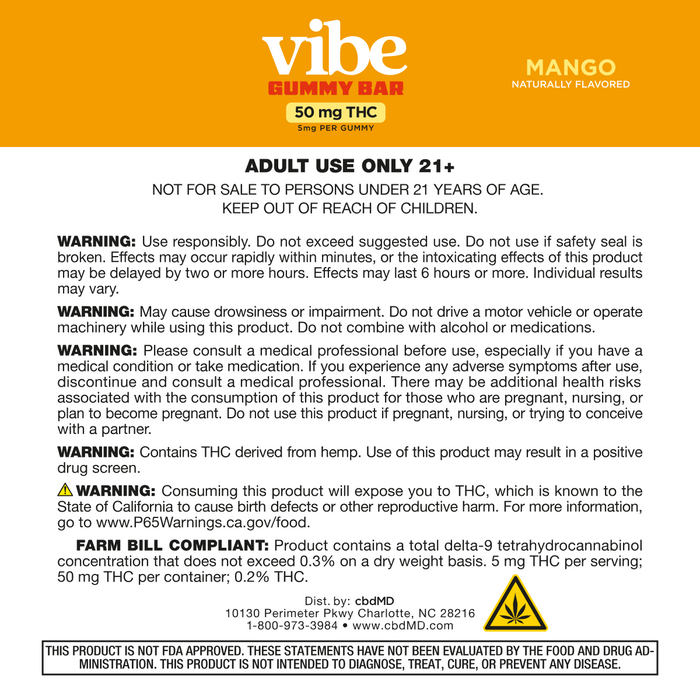 Vibe Gummy Bar packaging with THC content and warning labels on a white background
