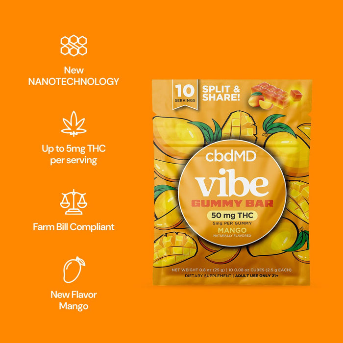 Mango flavor Vibe Gummy Bar package highlighting 5mg THC per serving, nanotechnology, and compliance.
