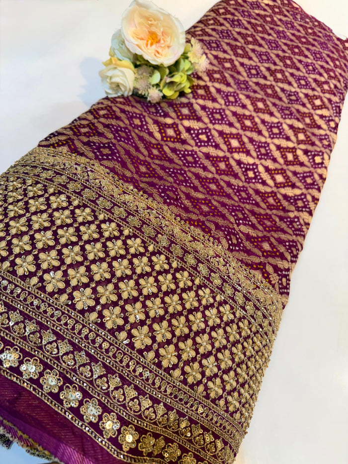 Wine Georgette Bandhej Jacquard With Handwork Daaman Embroidery 45 inch width