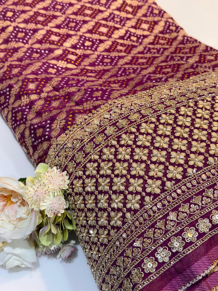 Wine Georgette Bandhej Jacquard With Handwork Daaman Embroidery 45 inch width