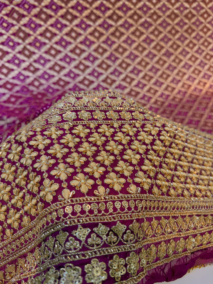 Wine Georgette Bandhej Jacquard With Handwork Daaman Embroidery 45 inch width
