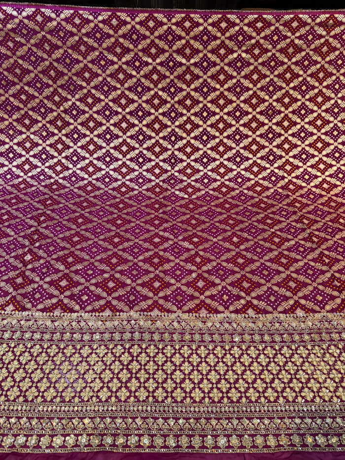Wine Georgette Bandhej Jacquard With Handwork Daaman Embroidery 45 inch width
