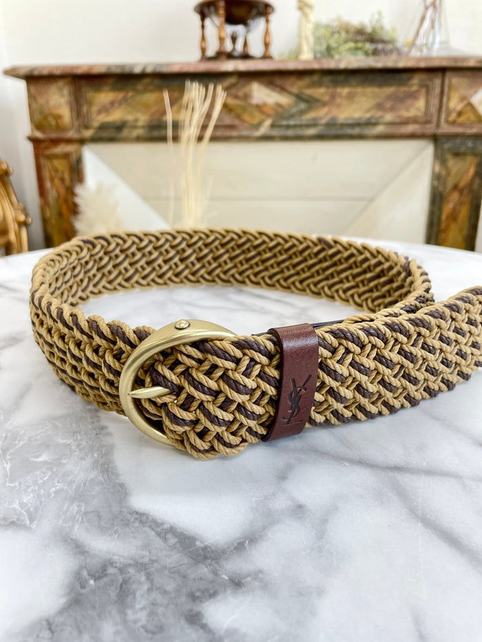 Yves Saint Laurent Mesh Brand Logo Leather Belt Brown vintage old htyee4