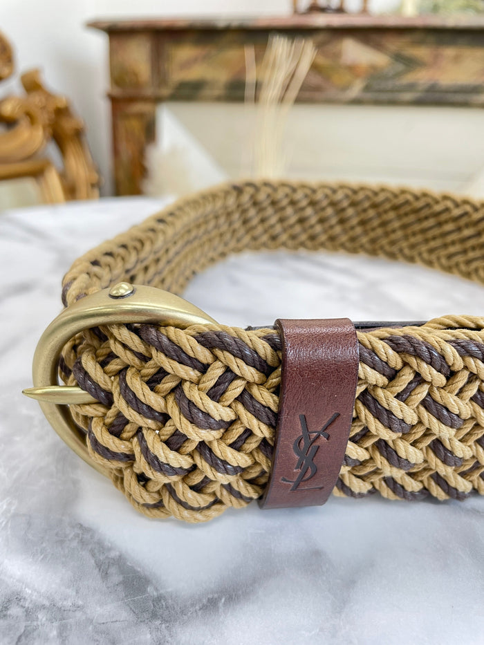 Yves Saint Laurent Mesh Brand Logo Leather Belt Brown vintage old htyee4